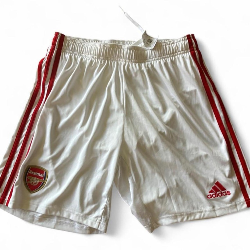 Youth Adidas Arsenal white polyester shorts with red stripes, size Youth Med